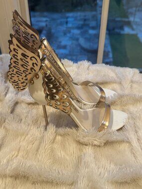 Sophia Webster Evangeline Angel Wing Heels White Rose Gold Sandals